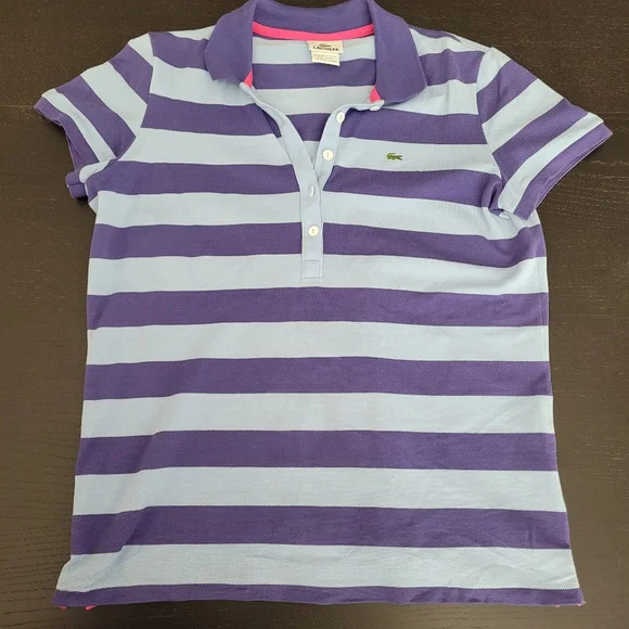 Lacoste Women's Polo Shirt - Purple and Light Blue Stripes, Size 42 - Picture 1 of 5